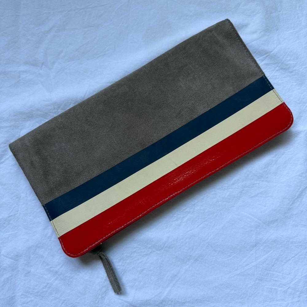 Clare V. Navy Blue, Red & White Stripe Leather Suede Clutch w/ Charm, Size M - Picture 1 of 5